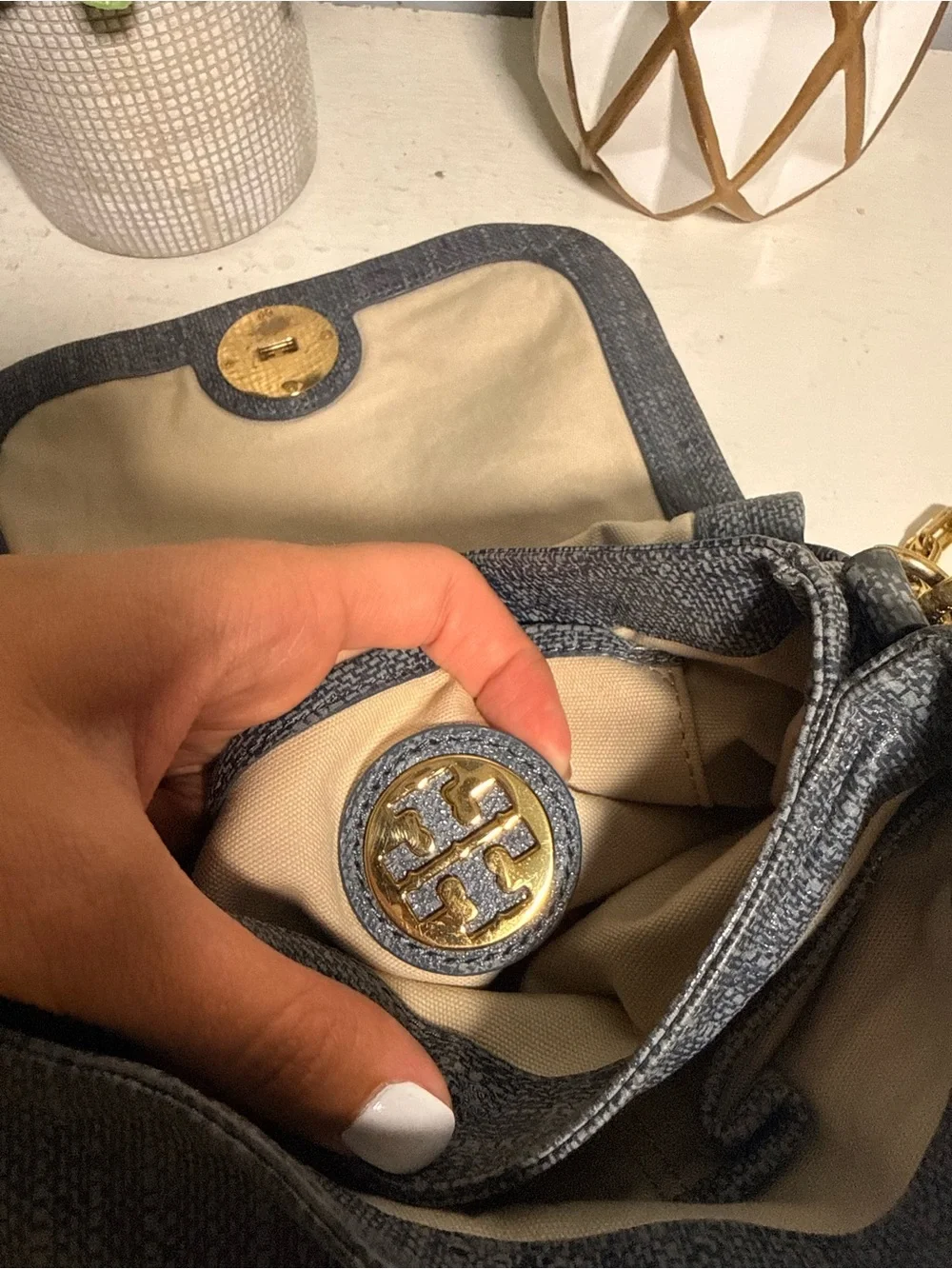 Tory Burch  Gray Crossbody with Gold Chain and turnlock